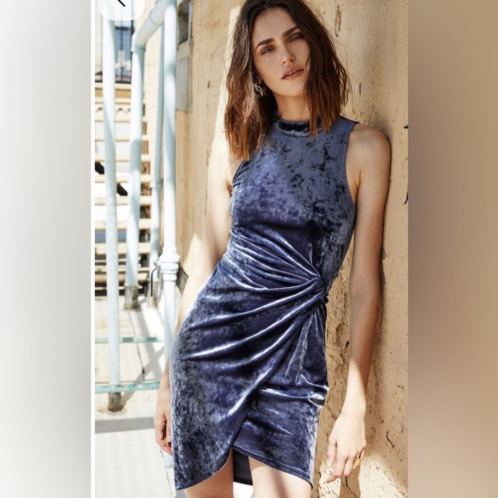 ASTR the Label steel blue crushed velvet mock neck faux wrap dress size small